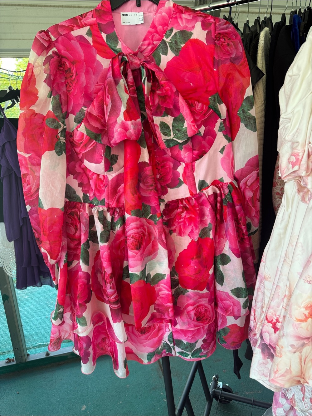ASOS Pink & Green Floral Tie-Neck Midi Dress